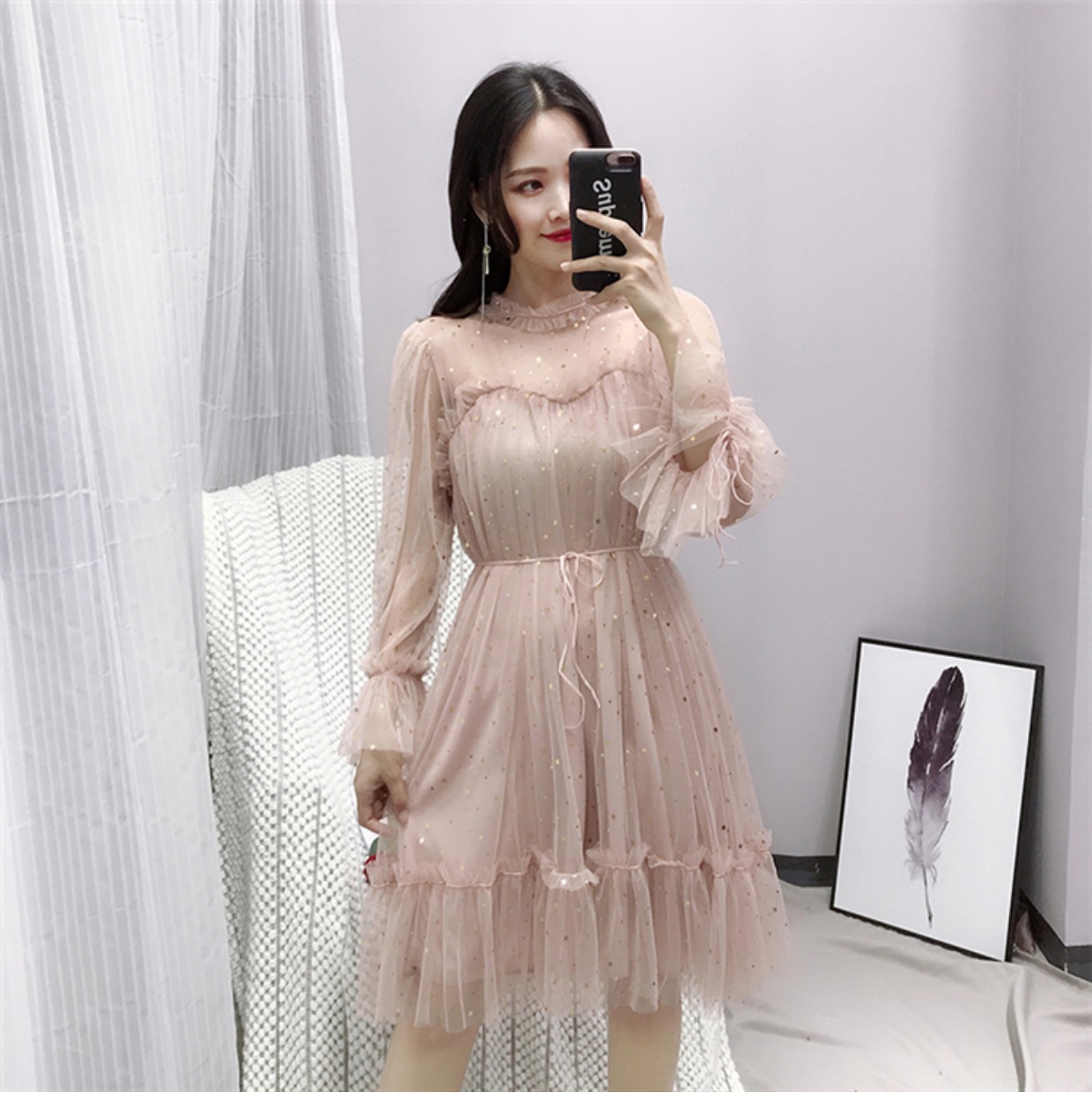 Sequins openwork lưới váy mùa thu 2018 mới của phụ nữ phần dài eo Một từ fluffy công chúa váy là mỏng đầm xòe dài qua gối