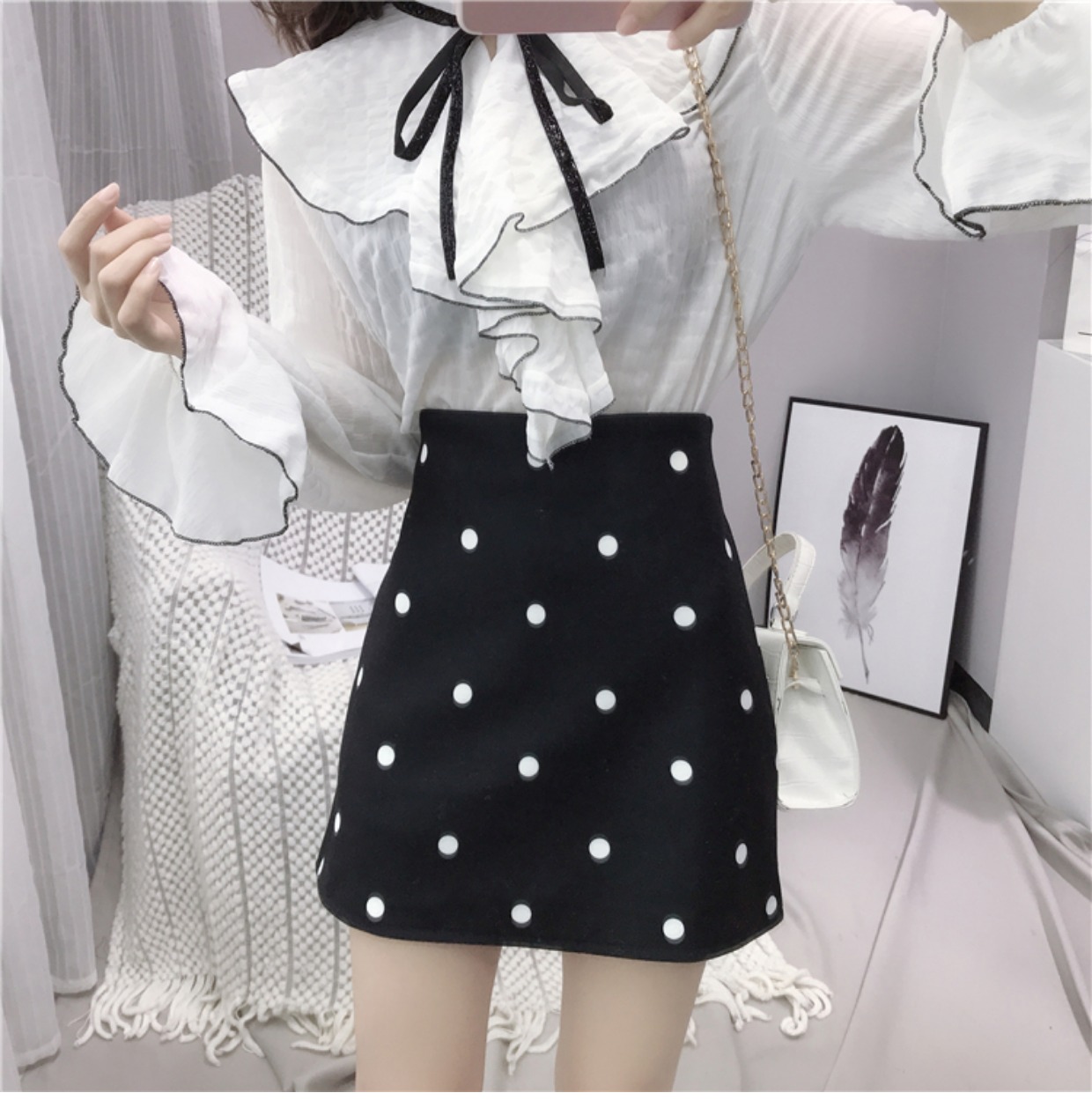 Đầm dự tiệc điểm xòe gió phiên bản Hàn Quốc của váy chữ A dày cạp cao eo retro len ngắn váy nữ thu đông 2018 mới chân váy dài công sở
