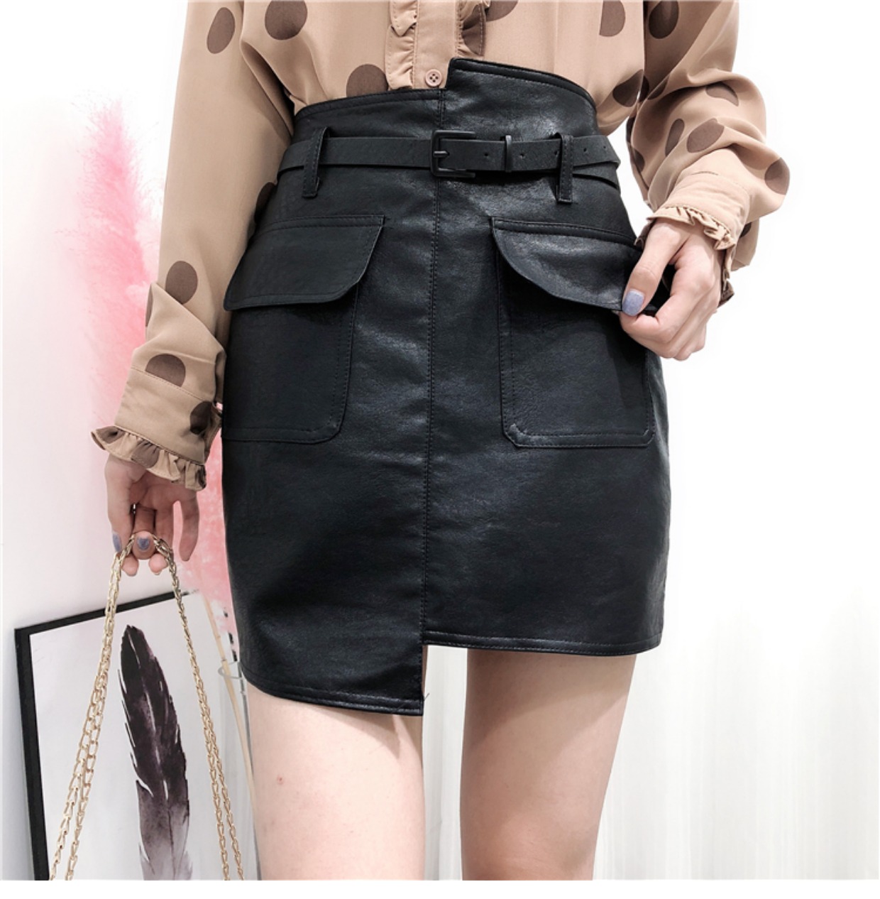 Hàn quốc phiên bản của cao bất thường eo nhỏ da váy nữ 2018 new Hồng Kông hương vị retro váy hoang dã Một từ chic váy chân váy xòe