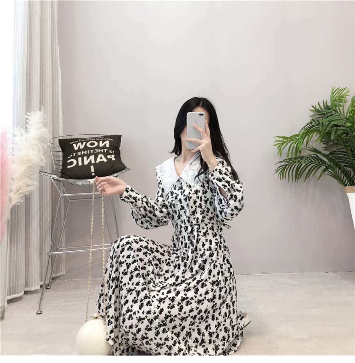 Eo dài qua váy đầu gối mùa thu 2018 mới nữ retro váy voan hoa buông lơi váy đen dài