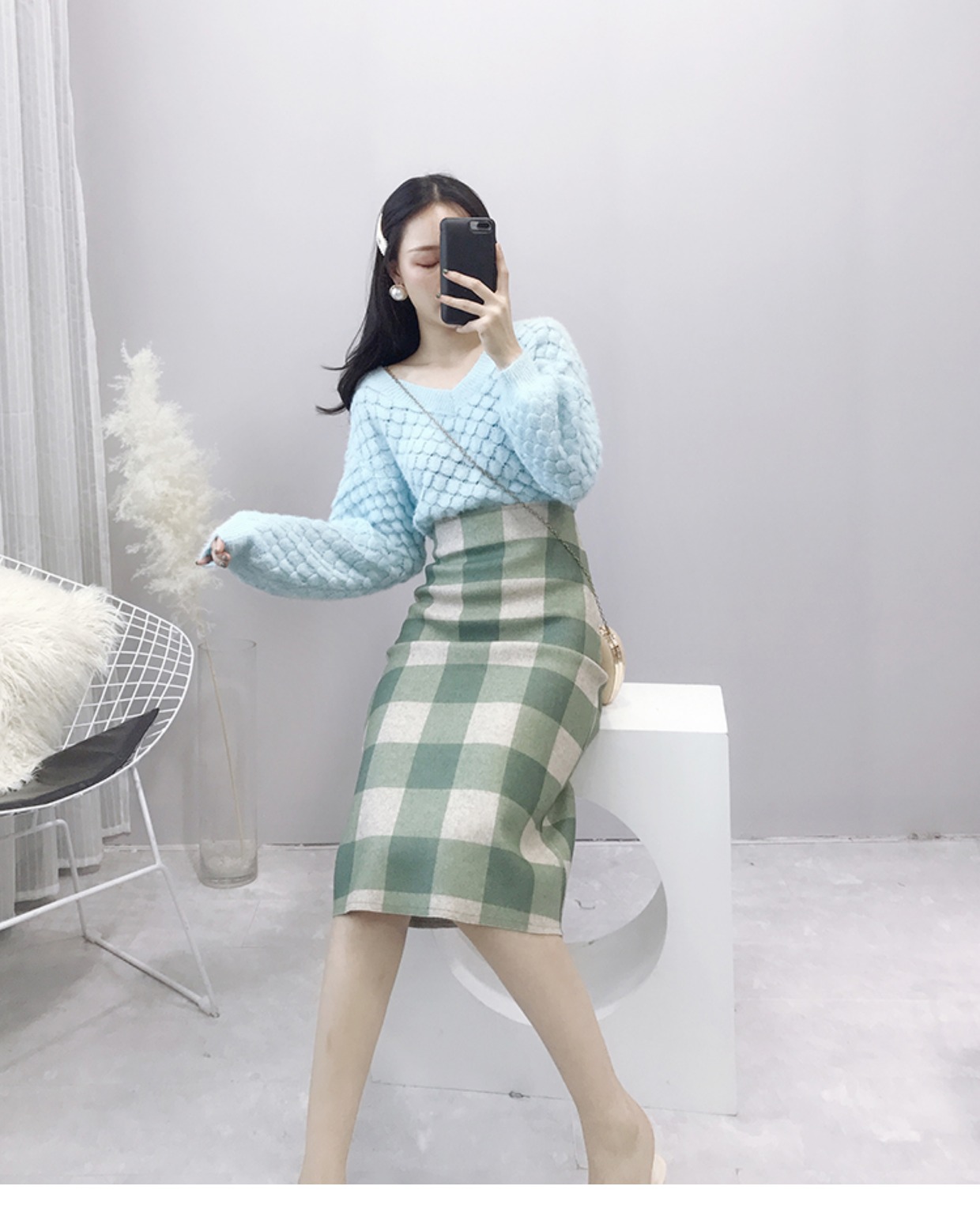 Váy len kẻ sọc Thu đông nữ 2018 Mới Hàn Quốc Slim Pack Váy hông Váy dáng cao eo thon chân váy len bút chì