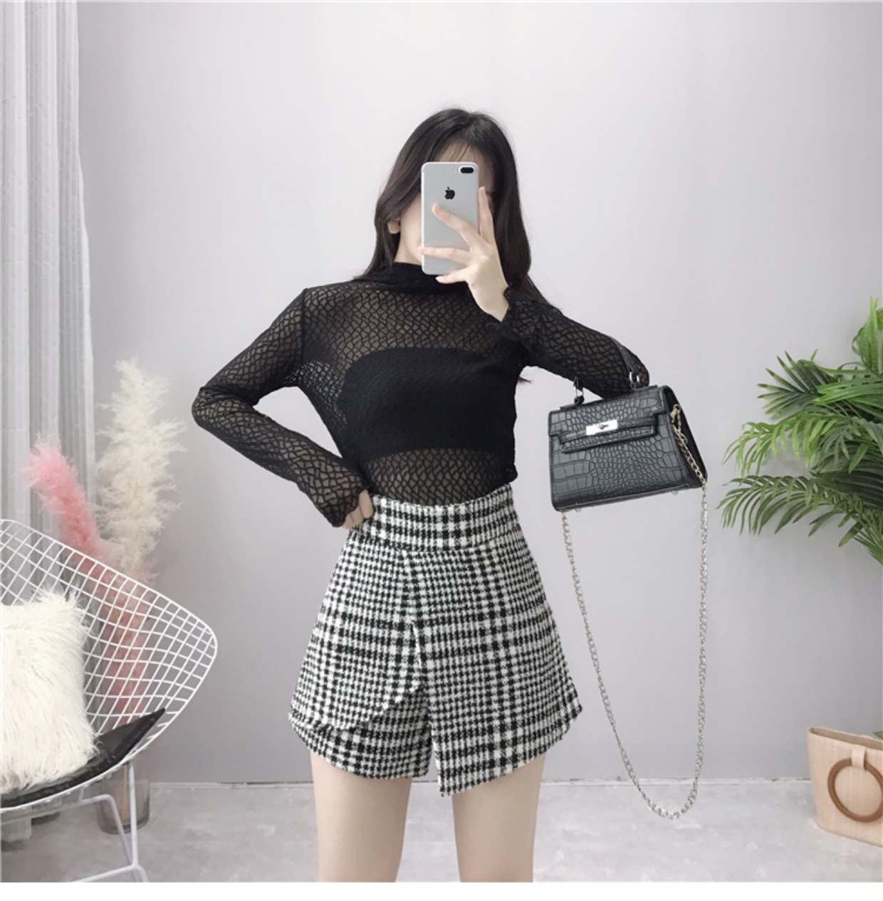 Phiên bản Hàn Quốc của quần short len ​​houndstooth nữ mùa thu đông 2018 mới hoang dã không thường xuyên mặc quần cạp cao quần lọt khe quần short jean nữ giá rẻ