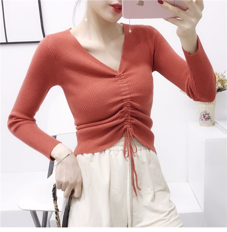 Áo len nữ mùa thu kiểu Hàn Quốc tự may sơ mi DrawString cổ chữ V sang trọng kiểu Hồng Kông dài tay nhỏ tươi nhỏ sơ mi nữ ngắn đoạn áo len nữ đẹp 2021