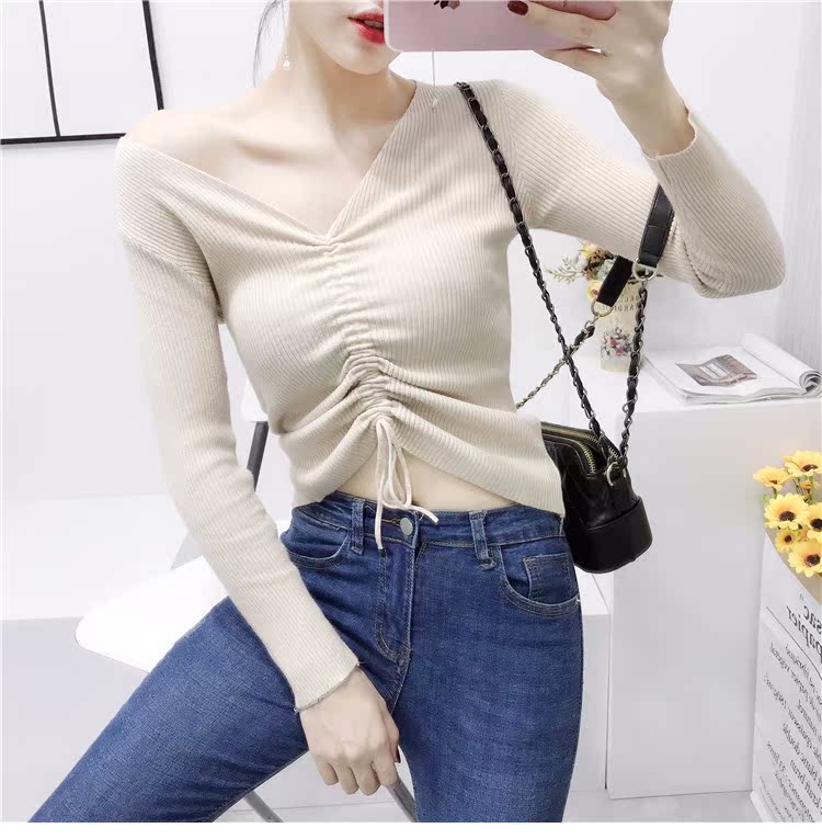 Áo len nữ mùa thu kiểu Hàn Quốc tự may sơ mi DrawString cổ chữ V sang trọng kiểu Hồng Kông dài tay nhỏ tươi nhỏ sơ mi nữ ngắn đoạn áo len nữ đẹp 2021