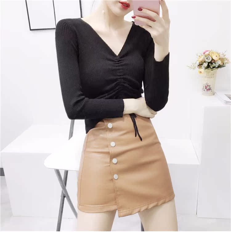 Áo len nữ mùa thu kiểu Hàn Quốc tự may sơ mi DrawString cổ chữ V sang trọng kiểu Hồng Kông dài tay nhỏ tươi nhỏ sơ mi nữ ngắn đoạn áo len nữ đẹp 2021