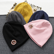 Childrens hat spring and autumn pure cotton pile hat knitted double layer cotton pullover hat solid color baby hat big childrens trendy hat