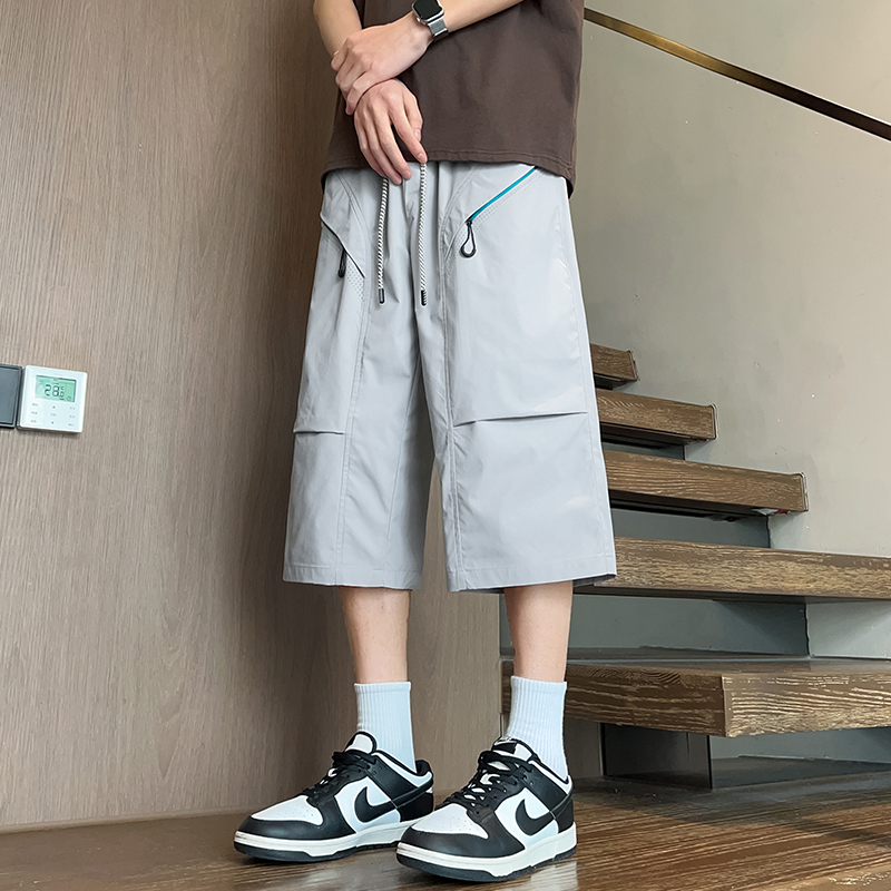 Men's Summer Cropped Pants, Plus Size, Loose Fit, Cool Work Pants with Zipper Pockets, Functional Style, Casual Pants