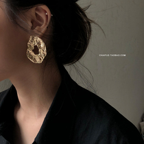 Achai E36 street style hand-made design sense irregular earrings metal hollow round plate concave and convex earrings