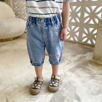 Boy summer shorts for children Smiling Face Embroidered Child 50% Jeans Thin middle pants summer Seven Pants Pants