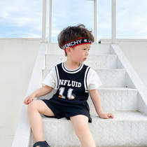 Boys summer clothing short sleeve suit 2021 Summer new pure cotton Boys baby sports fake two basketball suits