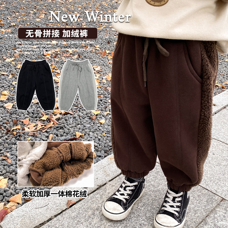 Boy autumn winter plus suede sports pants children fit 2021 new children thickened pants integrated suede baby casual long pants
