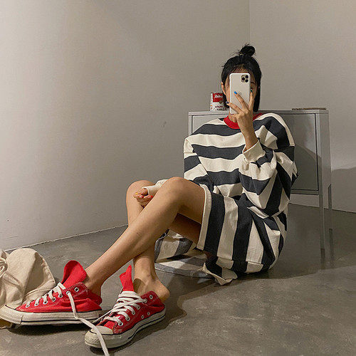 Lagirl Korea 22 Spring Style Fashion Popular Loose Casual Striped Foreign Dress