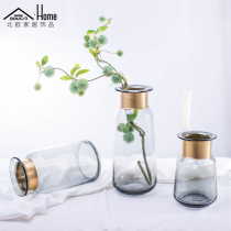 Light luxury post-modern simple copper gold bundle transparent glass vase dry flower living room flower arrangement creative home ornaments