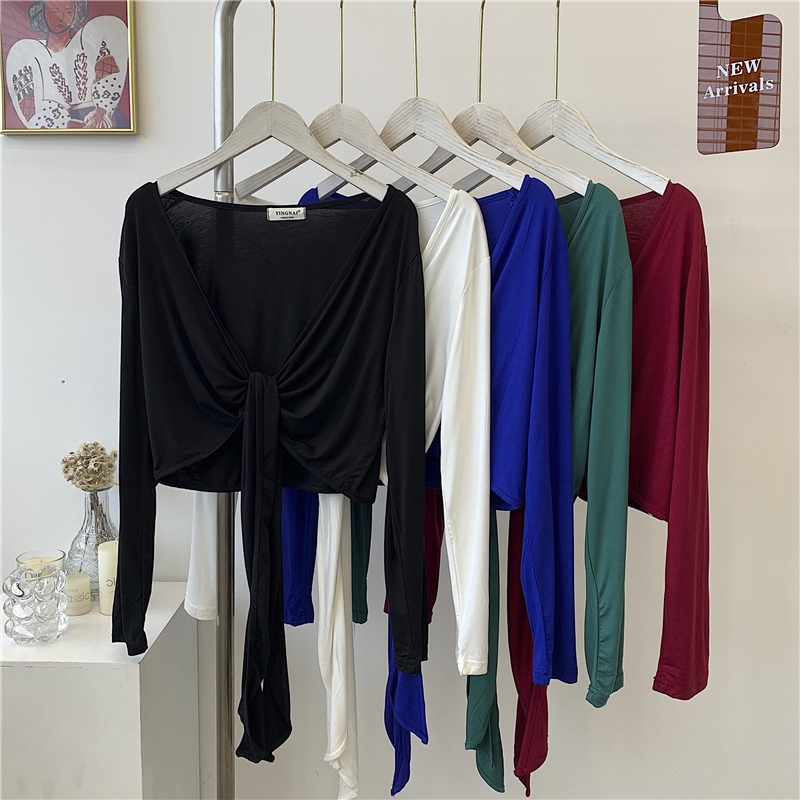 Modal Long-Sleeved Cardigan for Women, Solid Color Shawl, Short Jacket, Summer Sun Protection Clothing, Knotted Waist Tie Dance Top