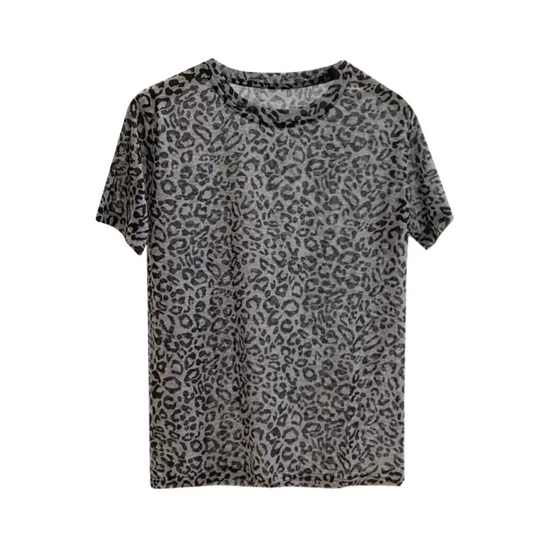 Tiansi cotton leopard pattern short -sleeved T -shirt women have a little slightly round collar, thin top, temperament gray practice service female