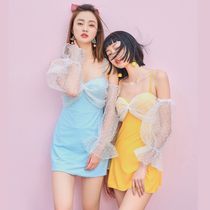 2020 new hot spring swimsuit female fairy fan conjoined Conservative belly long sleeve small chest gathered thin skirt swimsuit