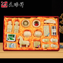 Natural Xiu jade with burial goods suit men and women Finely Carved Graveyard Tombstone Front Pendulum with 17 pieces to accompany funeral and funeral