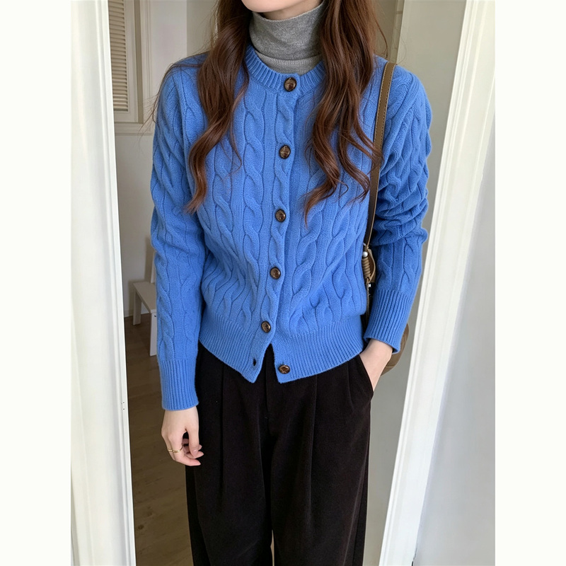 Blue Cable-Knit Cardigan for Women, Early Autumn Outfit, Loose Korean Style, Lazy Winter Sweater, Round Neck Top Blue Cable-Knit Cardigan for Women, Early Autumn Outfit, Loose Korean Style, Lazy Winter Sweater, Round Neck Top