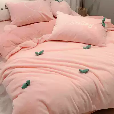 Coral velvet four-piece thickened double-sided velvet crystal velvet quilt cover Rabbit plush autumn and winter bow quilt cover increase