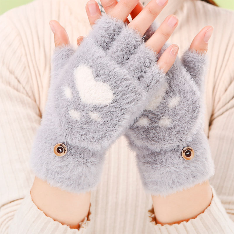 Gloves women winter plus velvet thick plush Japanese cute ins cartoon autumn and winter cycling warm flip cover