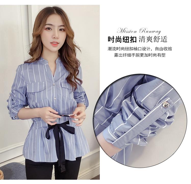 Mùa xuân và mùa thu Mới của phụ nữ Hàn Quốc Loose Slim Eo Bow Tie Áo cổ chữ V dài tay sọc hàng đầu ao so mi nu
