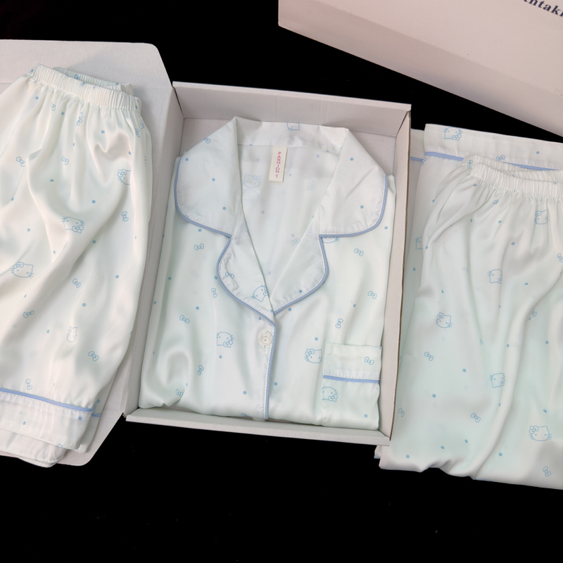 Ice Silk Three-Piece Pajamas for Women, Short-Sleeved, Summer Thin Style, Cartoon Cute Satin 2026 New Silk Home Wear Ice Silk Three-Piece Pajamas for Women, Short-Sleeved, Summer Thin Style, Cartoon Cute Satin 2026 New Silk Home Wear