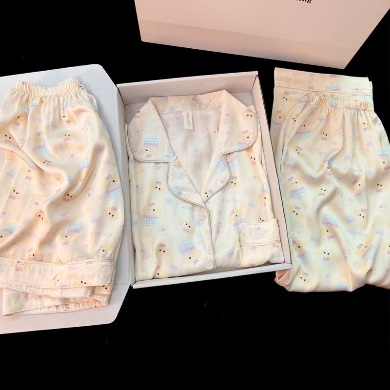 This Year's Popular Three-Piece Pajama Set for Women, Summer Short-Sleeved Ice Silk Butter Cake Satin Silk Loungewear