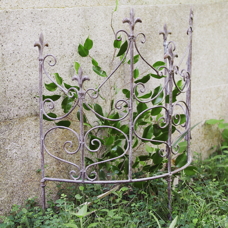 Vintage Wrought Iron Garden Fence with an Antique Finish for Garden Decoration, Featuring Hydrangea Trellis and Climbing Clematis Garden Fence