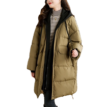 Moms fashionable age-reducing autumn and winter new style 2024 mid-length down jacket for women with spliced ​​hooded warm and thickened jacket