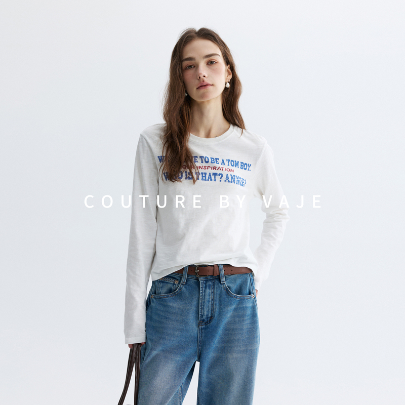 Vaje White Printed T-Shirt for Women 2026 Spring and Autumn ins Long-Sleeved Inner Layering Shirt, Age-Reducing Korean Chic Top