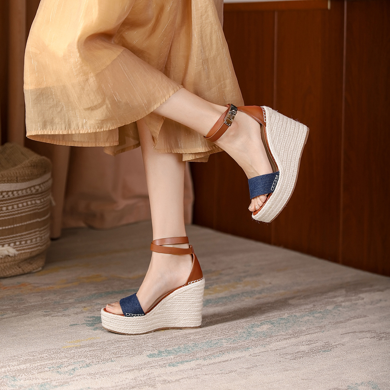 2023 Summer New Wedge Espadrille Sandals with Thick Platform, Single Strap, Genuine Leather, 12cm Sandals for Women with Metal Buckle