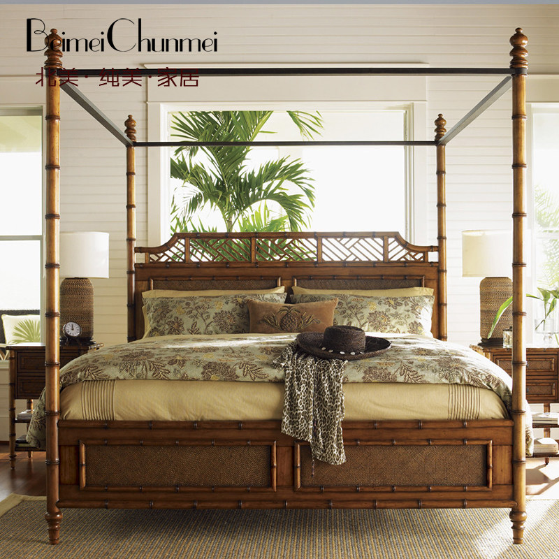 Natural rattan wood bed Southeast Asian style rattan double bed rattan rattan furniture theme hotel club house B&B