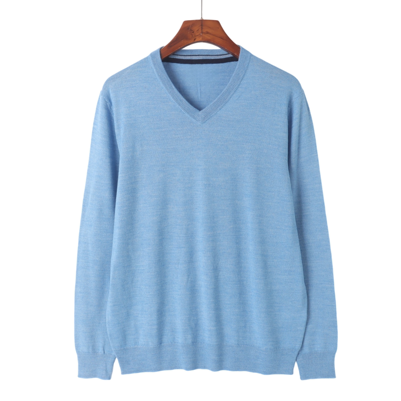 Merino Wool Blend Cut-Label Men's Spring and Autumn V-Neck Pullover Knitwear Solid Color Casual Base Shirt 14287