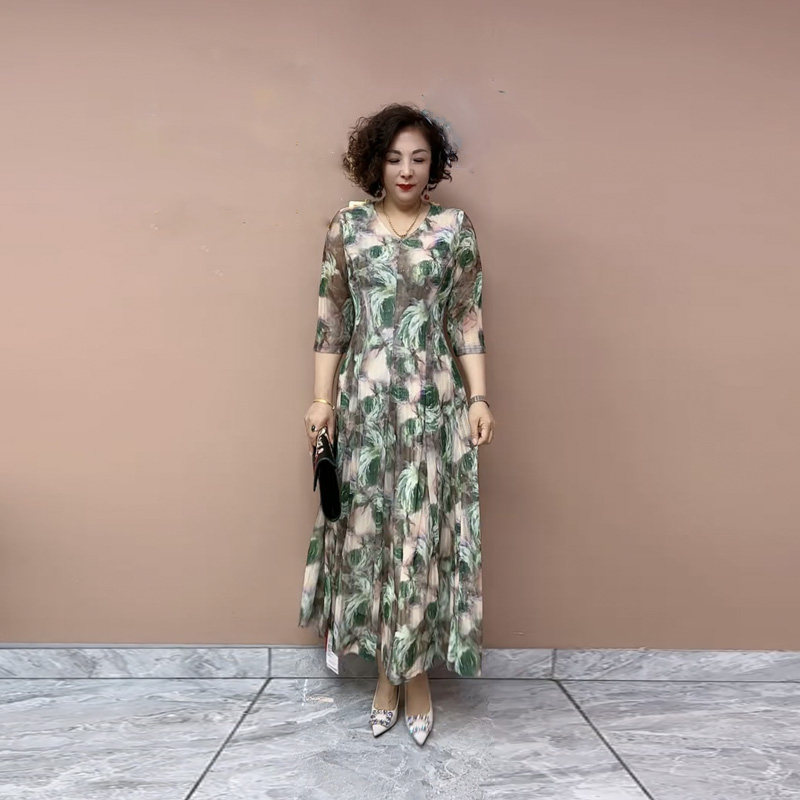 夏季新款高端气质显瘦台湾沙大摆A字裙中年妈妈减龄不断腰连衣裙