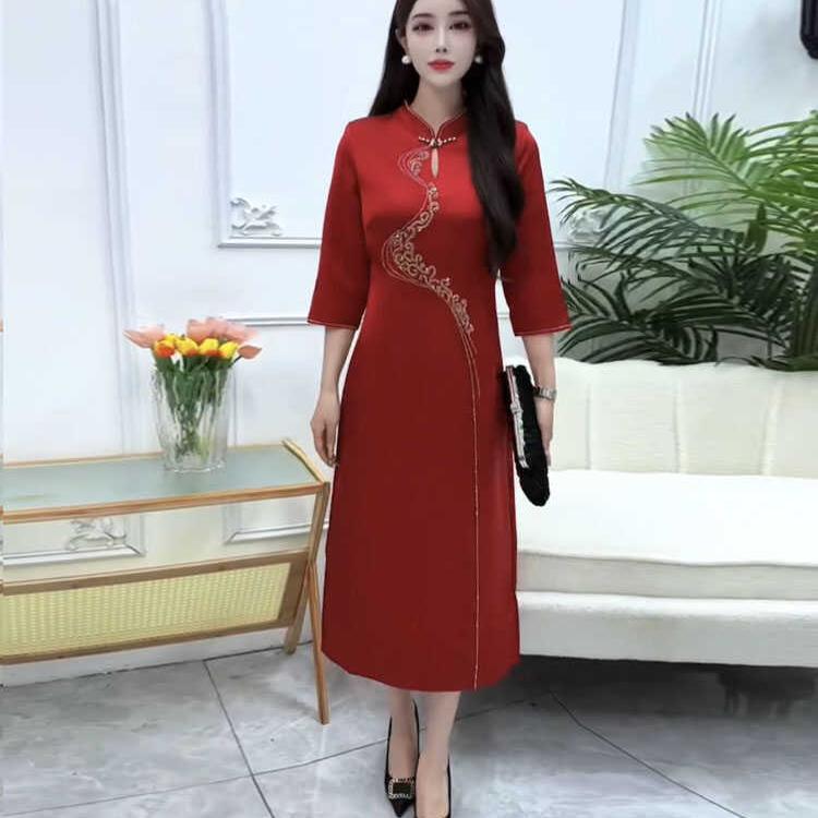 New Style Faux Acetate Satin Elegant Mother's Evening Dress, Mother-In-Law Wedding Banquet Dress, New Chinese-Style Improved Cheongsam Dress