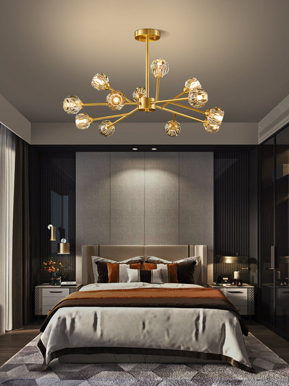 Postmodern Light Luxury All-Copper Crystal Atmospheric Living Room Chandelier Creative Nordic Dining Room Bedroom Golden Internet-Famous Molecular Lamp
