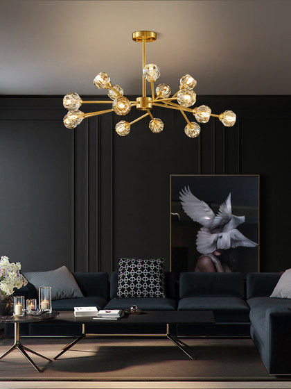Postmodern Light Luxury All-Copper Crystal Atmospheric Living Room Chandelier Creative Nordic Dining Room Bedroom Golden Internet-Famous Molecular Lamp