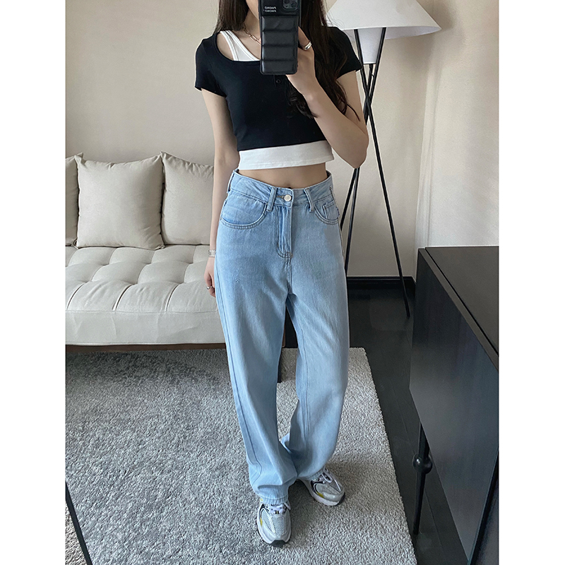 HHYEEE high waist jeans women's summer 2021 new Korean version of the vertical straight tube is thin and mopping loose wide-leg pants