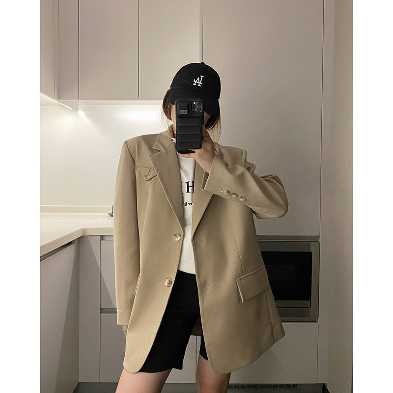 HHYEEE khaki suit jacket women's 2021 spring new loose and thin all-match design silhouette suit