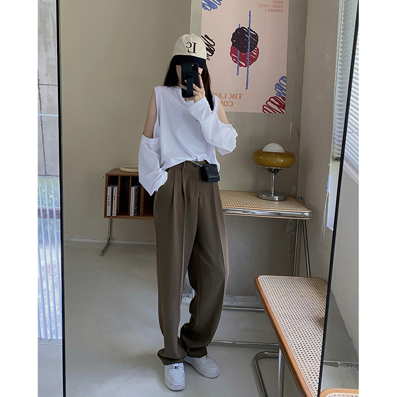 HHYEEE off-the-shoulder T-shirt women's 2021 new trendy niche loose all-match thin long-sleeved thick cotton T simple white top