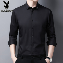 Playboy mens long sleeve shirt spring and autumn business leisure Korean trend non-iron pure black non-iron shirt men