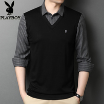 Playboy men fake two-piece long sleeve t-shirt shirt collar casual plus velvet padded top V neck warm base shirt
