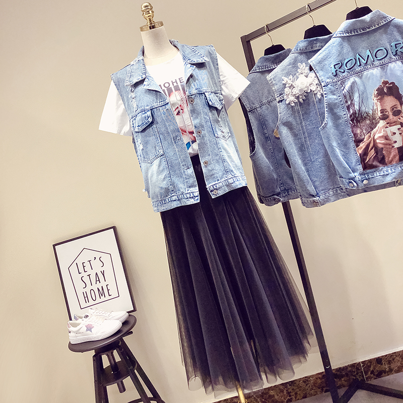 Hàn Quốc phiên bản của thêu công việc nặng nhọc giáp denim cô gái 2020 hàng châu Âu mùa xuân mới và mùa hè không tay lỏng vai áo khoác thủy triều