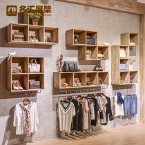Creative vintage clothing store wall shelf combination womens store wooden wall display rack Old solid wood display rack
