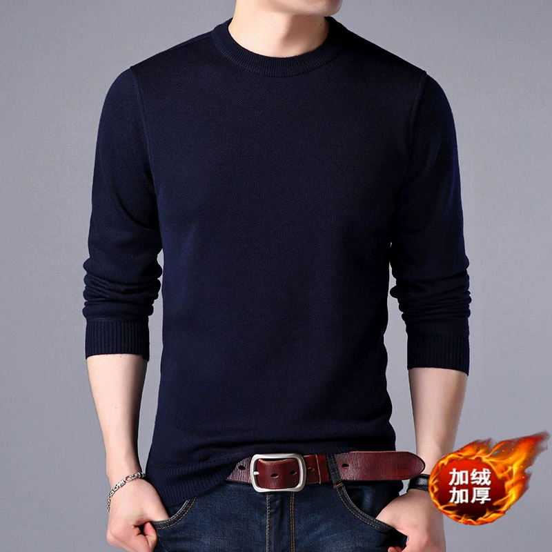 Áo len nam mùa đông cashmere cổ tròn cộng với áo len dệt kim nhung dày trung niên áo len màu đậm bố rộng phong cách thời trang nam