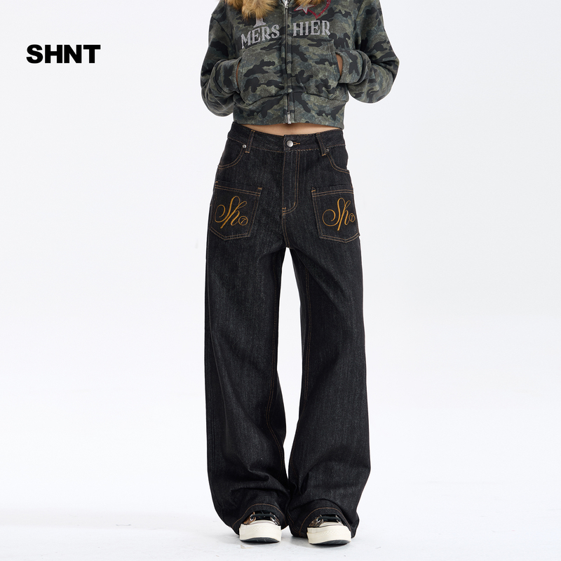 Unisex Lettered Straight-Leg Wide-Leg Jeans, Mid-Waist Vintage Loose Embroidered Long Pants, High Street Raw Denim Pants S075