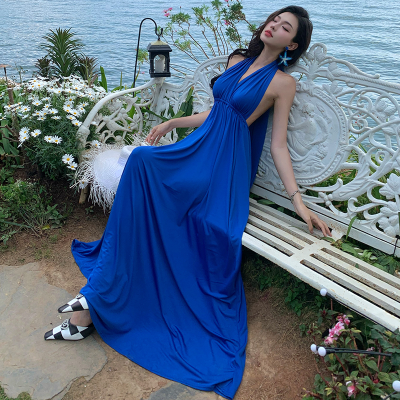 Summer Klein Blue Long Dress 2026 New Style Seaside Vacation Elegant Slimming Spaghetti Strap Dress Super Fairy Beach Dress