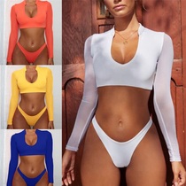 4 Color solid color burst Amazon AliExpress foreign trade long sleeve mesh bikini bikini split thong swimsuit