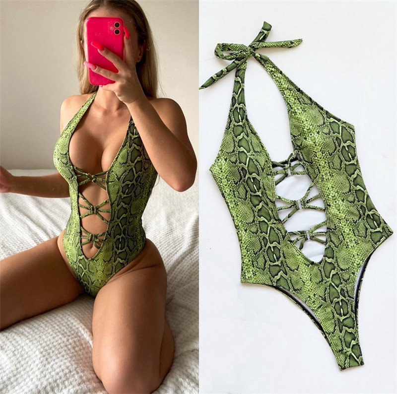 New One-Piece Swimsuit Snake Print Bikini Women's Printed Swimsuit European and American Beach Strap Sexy Swimwear Hot Sale