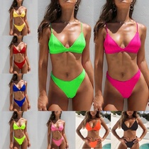 Explosive color addition European and American new solid color split bikini sexy womens swimsuit with chest pad plus size cross-border model